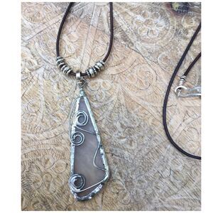 HANDCRAFTED Beach Glass Necklace on Brown Leather Rope